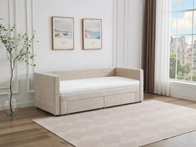 Łóżko wysuwane 2 x 80 x 200 cm - Z rozsuwanym stelażem i szufladami - Teksturowana tapicerka - Beżowy - CAMITY