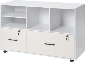 Ruchomy Regał na Dokumenty SucceBuy z Drewna, Mebel Biurowy z 2 Szufladami, Otwartymi i Regulowanymi Półkami, Zamykany na Klucz, do Biura, Biały