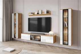 Nowoczesna meblościanka do salonu z LED 2 witryny i szafka RTV 180 cm korpus dąb wotan fronty biały połysk