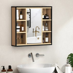 HOMCOM Szafka z lustrem do łazienki, 6 otwartych przegródek, 3-stopniowa półka, montaż ścienny, Dąb