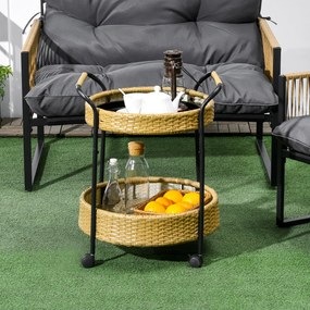 Outsunny Wózek Serwisowy na Zewnątrz, 2 Półki, Hamulce, Polirattan, Konstrukcja ze Stali, Φ50 x 66 cm, Żółty