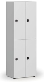 Drewniana szafka skrytkowa S4, 4 schowki, demontaż, zamek kodowy, szary/biały