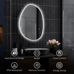 HOMCOM Asymetryczne lustro łazienkowe 70 x 50 cm z oświetleniem LED, dotykowym przełącznikiem, funkcją przeciw zaparowani i srebrnym wykończeniem
