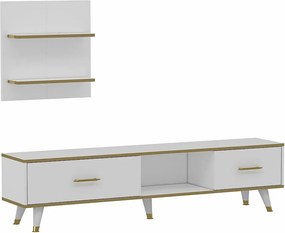 Stojak pod TV – 180x43,6x35 cm – Biały i złoty – Płyta wiórowa pokryta melaminą