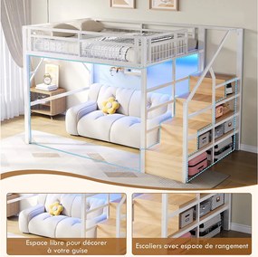 Łóżko piętrowe dla dzieci - 140 x 200 cm - rama żeliwna - z diodami LED + drabinka ze schowkiem - metalowe - białe