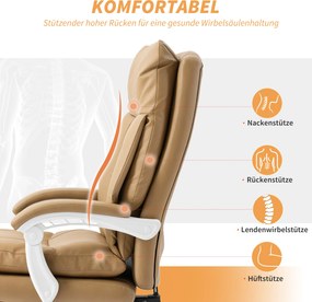 HOMCOM Ergonomiczny fotel biurowy z wsparciem lędźwiowym, składany podłokietnik, delikatny brązowy podnóżek