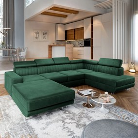 Masseno Narożnik SIENA z funkcją spania i pojemnikiem na pościel Narozniki U, Rozkładana sofa - Butelkowa zieleń, MONOLITH 37