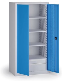 Szafa warsztatowa na narzędzia KOVOS, perforowana, 4 półki, 2 szuflady, 950 x 600 x 1950 mm, niebieski