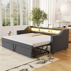 Łóżko dziecięce wysuwane 90/180 x 190 cm - Tkanina lniana - Diody LED i port USB - ciemnoszary