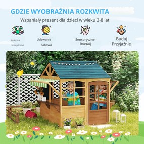 AIYAPLAY Drewniany domek do zabawy Tannenholz, Składany domek z oknami, drzwiami, dla dzieci w wieku 3-8 lat, Brązowy+Niebieski