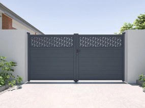Brama elektryczna rozwierna półpełna z antracytowego aluminium z wzorem szer. 355 x wys. 182 cm - BAZIO