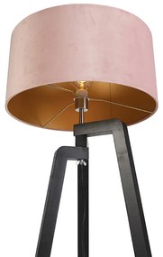 Lampa podłogowa trójnóg czarna klosz welurowy różowy 50cm - PurosWiejski/ Rustykalny / Vintage Oswietlenie wewnetrzne