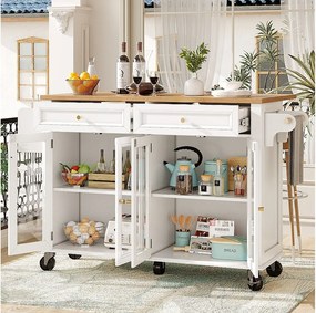 Biała wyspa kuchenna - Wózek kuchenny z 2 szufladami i 4 szklanymi drzwiami - półka na przyprawy i wieszak na ręczniki