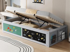 Łóżko z pojemnikiem dziecięce 90x200 cm - z tablicą do rysowania - Drewno lite + MDF - Szary (materac nie jest wliczony w cenę)