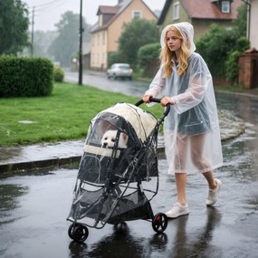 PawHut Składany wózek dla zwierząt, z ochraniaczem przeciwdeszczowym, 2 uchwyty na napoje, Niebieski + Khaki