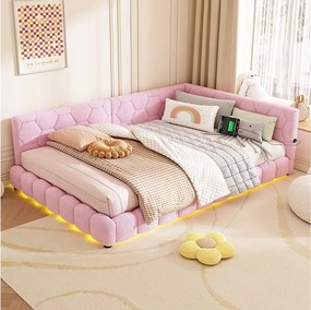 Sofa dziecięca rozkładana - 140 x 200 cm - z diodami LED + USB + stelaż - welur - różowa