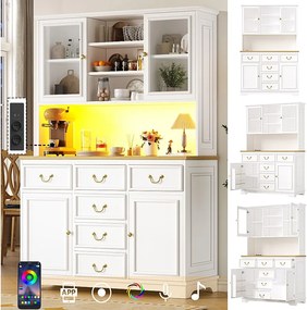 Kredens kuchenny - 118 x 40 x 180 cm - z 6 szufladami + drzwi + diody LED + półki - MDF - biały