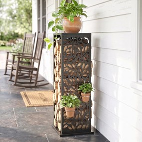 Outsunny stojak na drewno 38 x 38 x 112cm podwyższony regał na drewno opałowe z 4 haczykami dekoracyjne wycięcia do 100 kg stal | Aosom PL