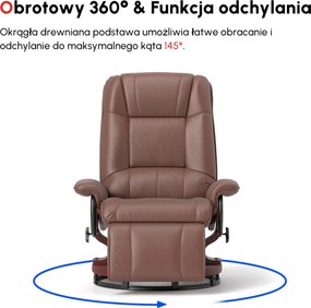 HOMCOM Fotel Relaksacyjny, 145° Regulowane Oparcie, Podnóżek, Skóra Ekologiczna, Obrotowy, do 120 kg, Brązowy