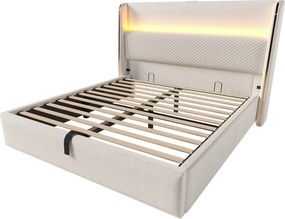 Łóżko z pojemnikiem 160 x 200 cm - Łóżko dla dorosłych z oświetleniem LED i portami USB/Type-C - beżowa pościel - materac nie jest wliczony w cenę