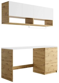 Zestaw mebli do pralni do zabudowy pralki z blatem - szer. 180 cm - Biały i naturalny jasny - NATAJI