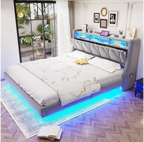 Łóżko tapicerowane dwuosobowe - 180 x 200 cm - składany tapicerowany zagłówek ze schowkiem + diody LED - płyta MDF - jasnoszary