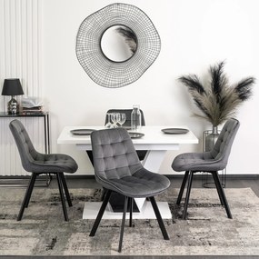 Zestaw Stół Prostokątny Rozkładany CLARK 120-160 cm Czarny/Biały Połysk i 4 Krzesła Tapicerowane do Salonu RICK Szare Welurowe