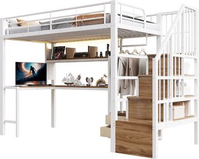 Metalowe łóżko piętrowe dla dzieci - 90 x 200 cm - z 2 szufladami + szafa + oświetlenie LED + biurko + drabinka - białe