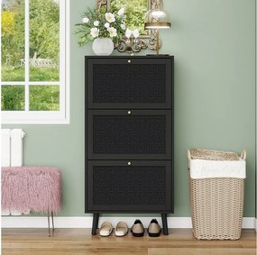 Czarna szafka na buty z 3 uchylnymi drzwiami i złotymi uchwytami – idealna do przedpokoju i korytarza