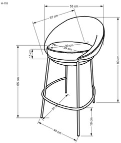 Hoker Stołek barowy H118 Tapicerowany Popielaty Tkanina Metalowy stelaż