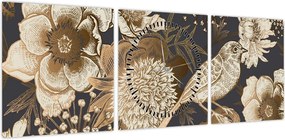 Obraz złotych kwiatów na ciemnym tle (z zegarem) (90x30 cm)