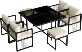 7-częściowy zestaw ogrodowy z 6 osobami – kwadratowy stół ze szkła hartowanego, 4 fotele i 2 stołki, stołki ze zdejmowanymi poduszkami, eleganckie meble ogrodowe