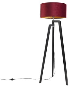 Lampa podłogowa trójnóg czarna z czerwonym kloszem i złotem 50 cm - Puros klasyczny/Antyczny Oswietlenie wewnetrzne