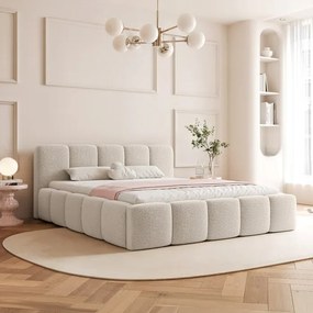 Łóżko Tapicerowane 160x200 cm VELMO z Pojemnikiem Beżowe Boucle Japandi