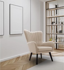 Fotel TED z tkaniny Velluto, wysoka oparcie, szerokie siedzisko, czarne nogi, pionowe przeszycia, 76x78x100 cm, beżowy