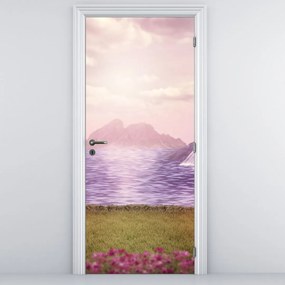 Fototapeta na drzwi - Różowe drzewa z jeziorem (95x205cm)