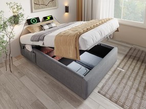 Łóżko tapicerowane 90×190cm - tkanina lniana - z gniazdami do ładowania i stelażem na listwy - Szary