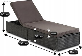 Leżak ogrodowy z regulowanym oparciem Brizo, czarny technorattan/brązowa poduszka
