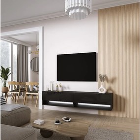 Szafka pod telewizor 170 cm Czarny Mat / Czarny Połysk, LED biały, 170 × 32 × 34 cm