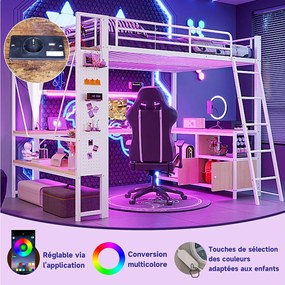 Łóżko piętrowe dla dzieci - 90 x 200 cm - rama żelazna - z diodami LED + biurko + półka + port USB - metalowe - białe