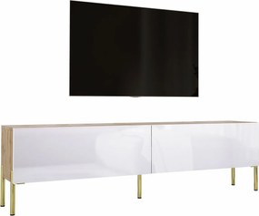 Szafka RTV: Dąb Wotan / Biały Połysk, nogi złote, 170 x 52 x 32 cm