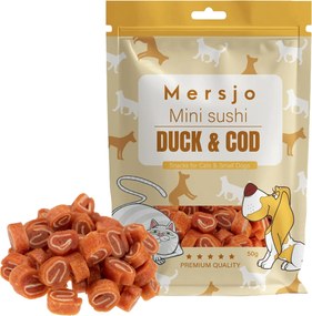 Przysmak dla kotów i małych psów - Mini sushi z kaczką i dorszem 50g