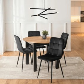 Zestaw Stół Okrągły Rozkładany HARRY 102-142 cm Dąb Craft/Czarny i 4 Krzesła PERU Czarne Welurowe
