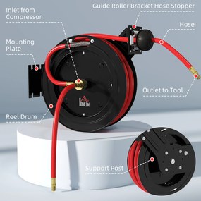 HOMCOM Bęben na wąż ogrodowy montowany na ścianie, automatyczne zwijanie, 20 bar ciśnienia wody, 15+1 m wąż wodny, metalowy