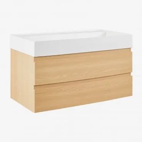Zestaw Wiszących Mebli Łazienkowych Z Drewna I Forniru Jesionowego Zintegrowany Z Umywalką Ona Naturalna & Bezlusterkowiec & Bez - Sklum