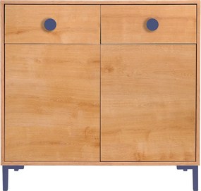 Komoda 2 drzwi 2 szuflady kolor dąb i niebieskie detale