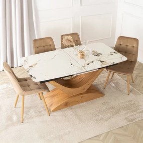 Zestaw Stół Rozkładany Ceramiczny ALICANTE 160-200 cm Biały Marmur/Dąb i 4 Krzesła Welurowe RODRI Beżowe