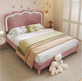 Łóżko tapicerowane 140 x 200 cm z regulowanym wezgłowiem dla dorosłych - LED - aksamit - różowe