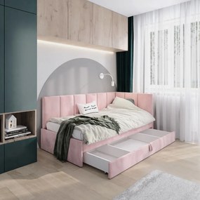 Łóżko młodzieżowe AURA 2 80x200 różowe z tapicerowanym panelem L i szufladą MKPOL