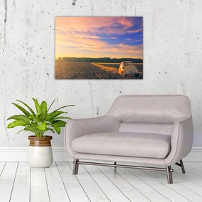 Obraz żółtego samochodu na polu (70x50 cm)